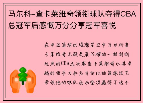 马尔科-查卡莱维奇领衔球队夺得CBA总冠军后感慨万分分享冠军喜悦
